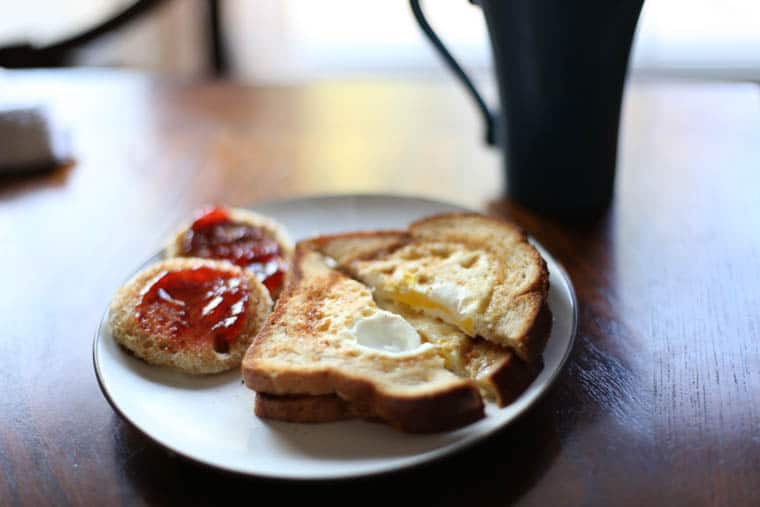 Eggs in a hole on a plate