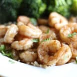 Honey garlic skillet shrimp with brown rice and steamed broccoli.