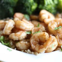 Honey garlic skillet shrimp with brown rice and steamed broccoli.