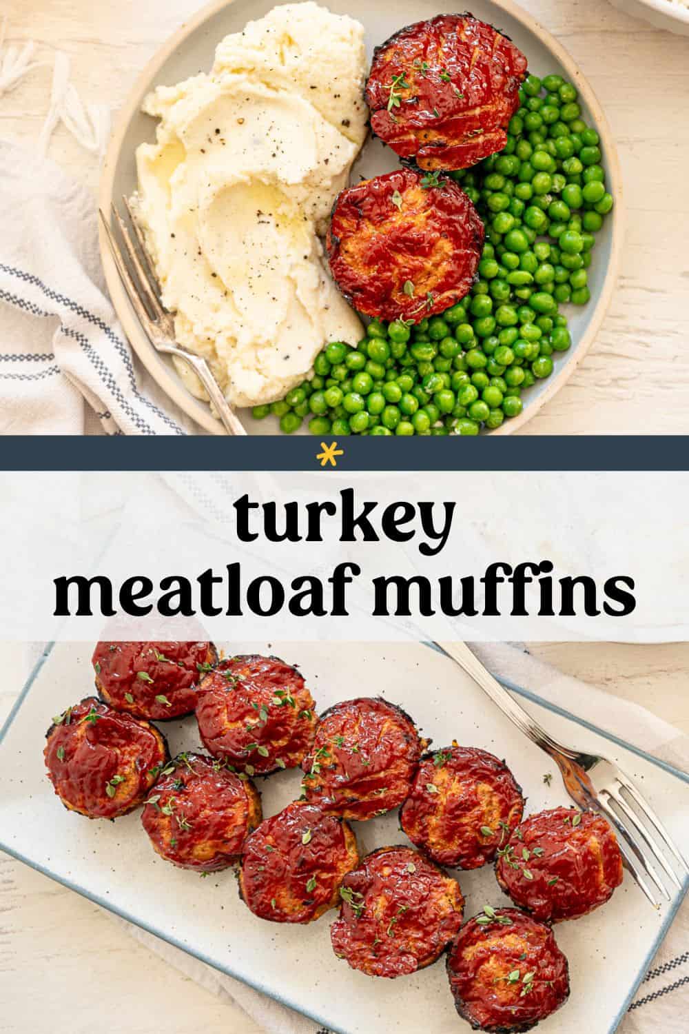 Turkey meatloaf muffins on a platter and on a plate with mashed potatoes and peas.