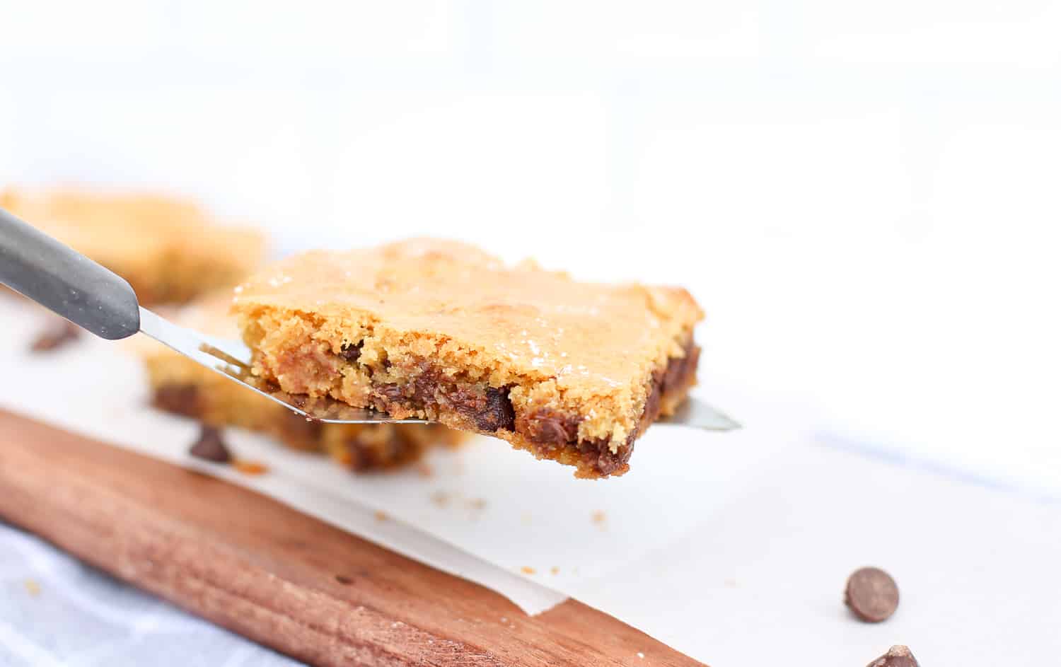 chocolate chip blondie on a spatula