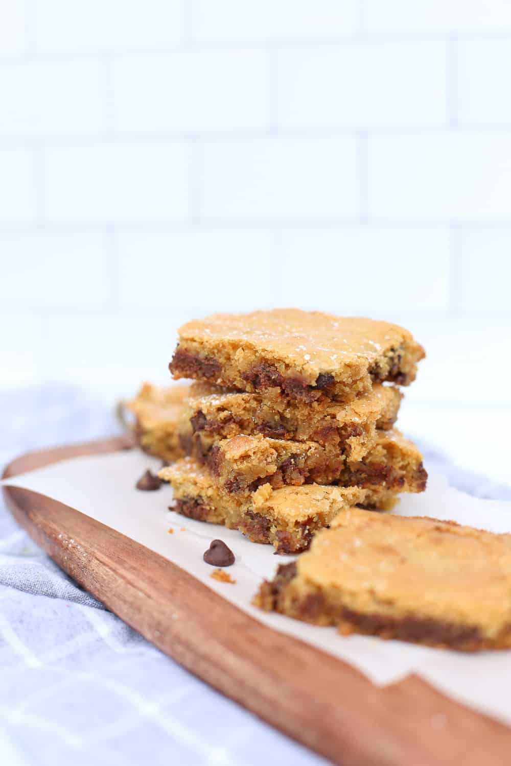 chocolate chip blondies stacked