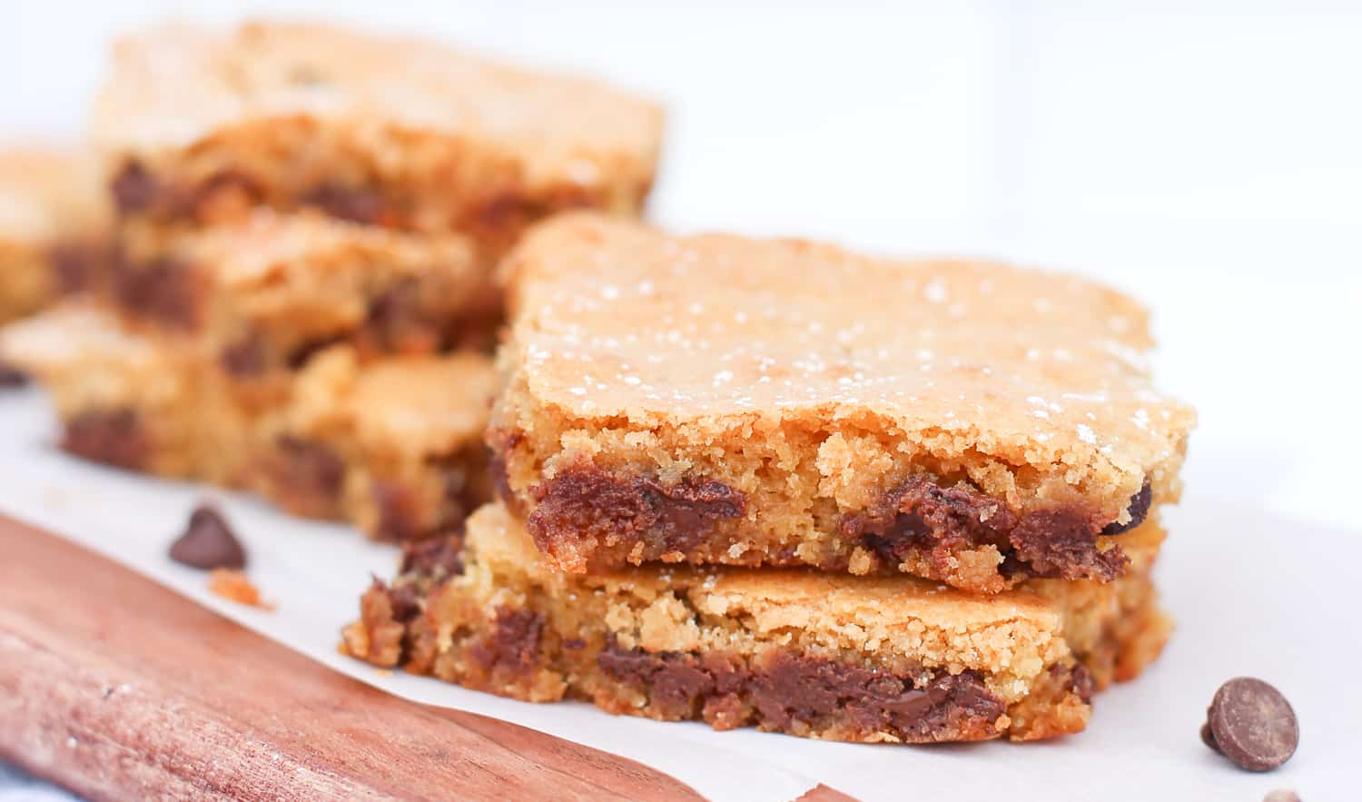 chocolate chip blondies stacked