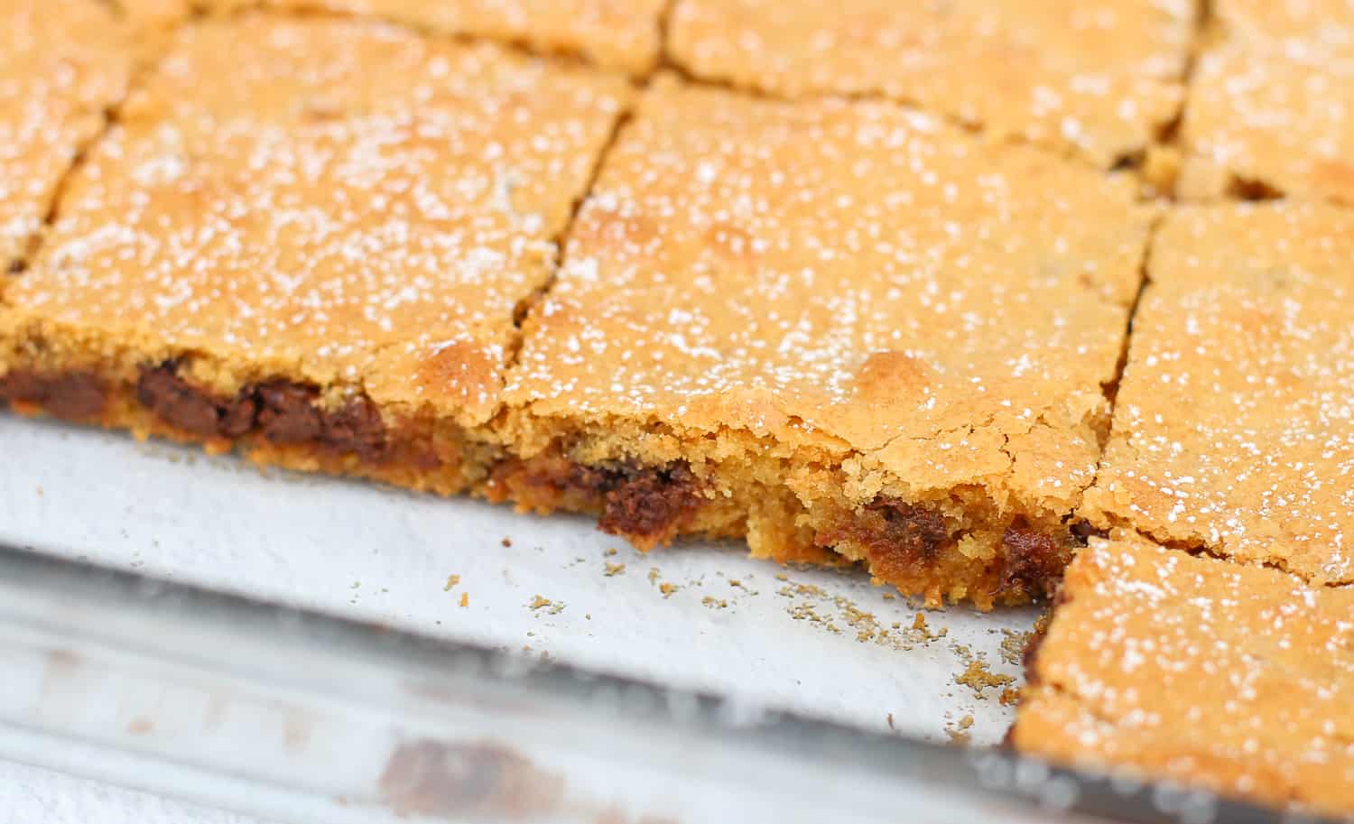 close up shot of sliced chocolate chip blondies