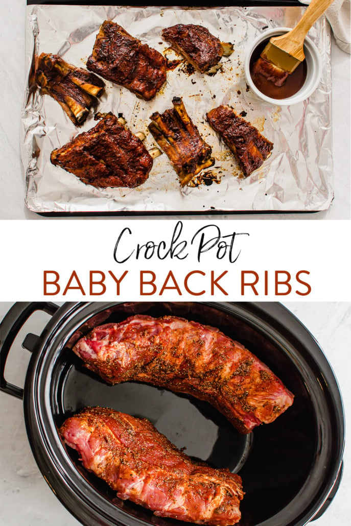 cooked ribs on a sheet pan lined with foil and uncooked ribs in a slow cooker