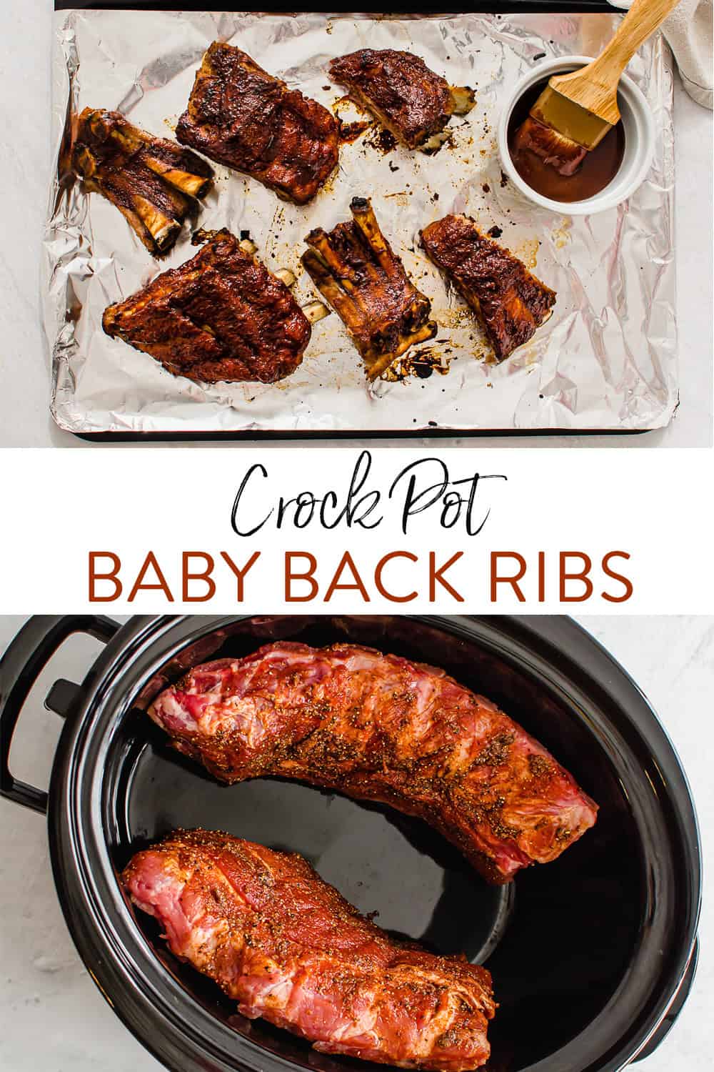 cooked ribs on a sheet pan lined with foil and uncooked ribs in a slow cooker.