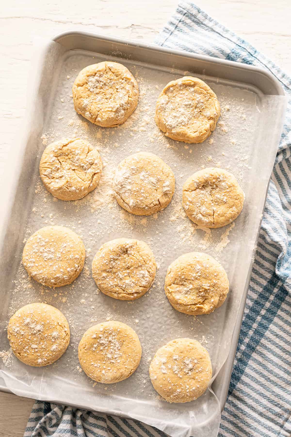 cut out biscuits on a sheet pan, ready to flash freeze