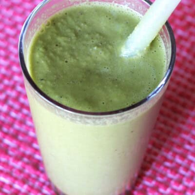 The combo of mango, cinnamon, and vanilla almond milk create an interesting Indian-inspired cool treat that totally masks any bitterness from the kale.