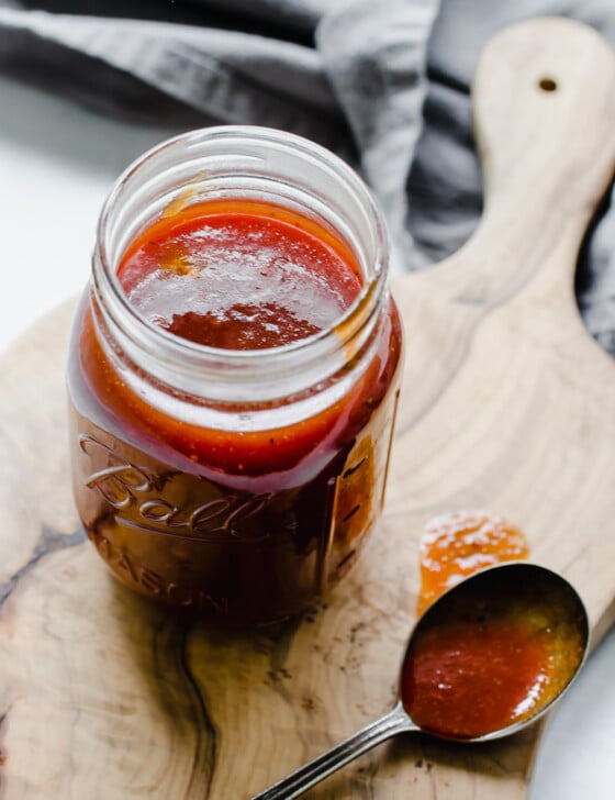 Homemade bbq sauce in a mason jar.