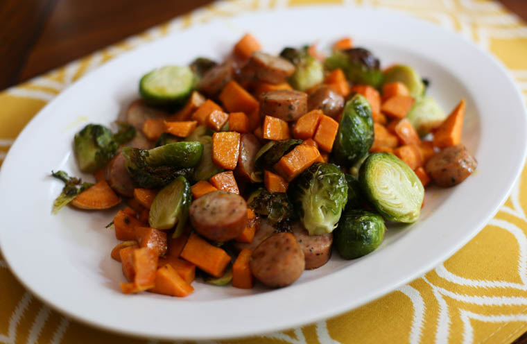 One Sheet Roasted Brussels, Brats, & Sweet Potatoes | Thriving Home