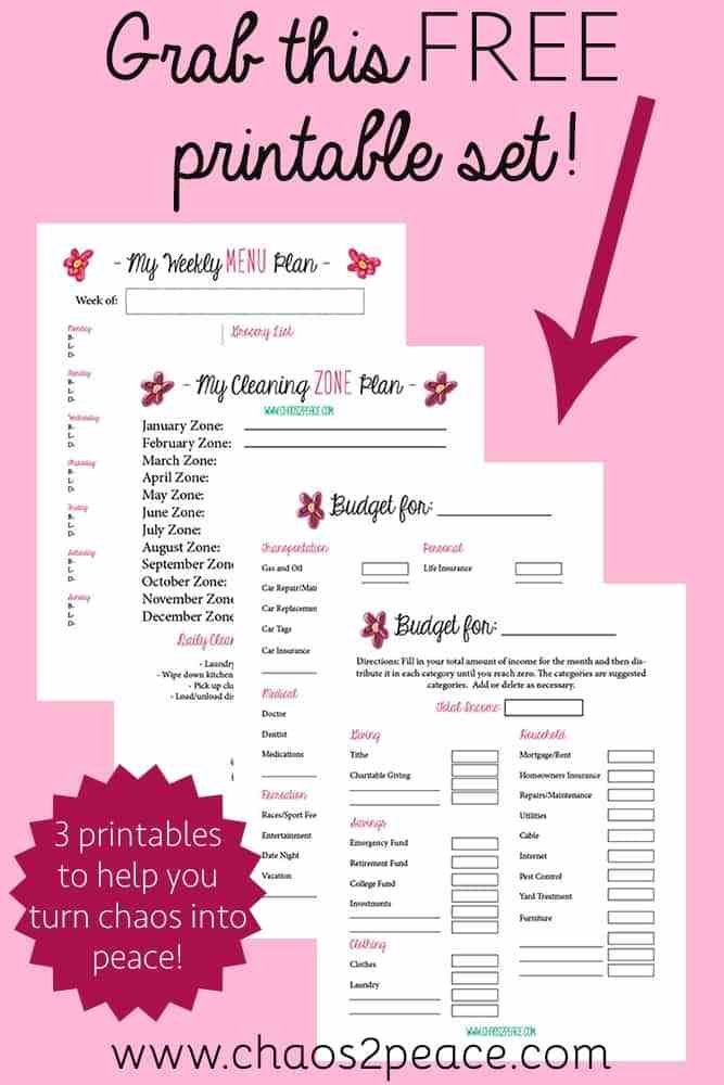 Would a set of free printables bring a little bit of organization to your chaos? Chaos2Peace offers a free budget form, menu plan, and cleaning chart. Join the Chaos2Peace team today!