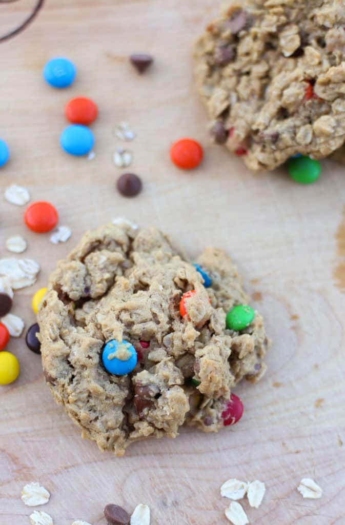 Monster cookies on a cutting board