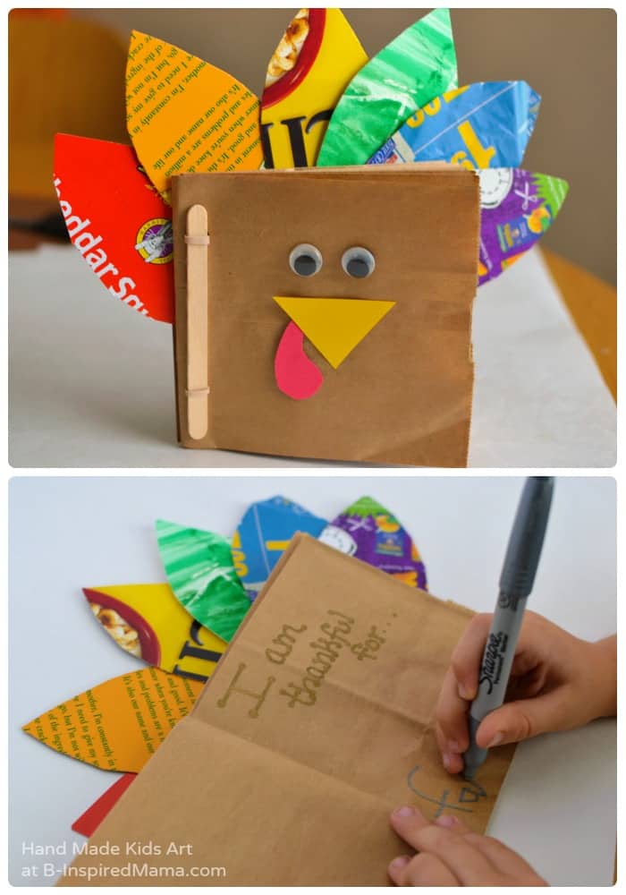 Journal made of paper bags and decorated to look like a turkey.