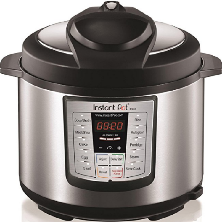 A silver and black instant pot.