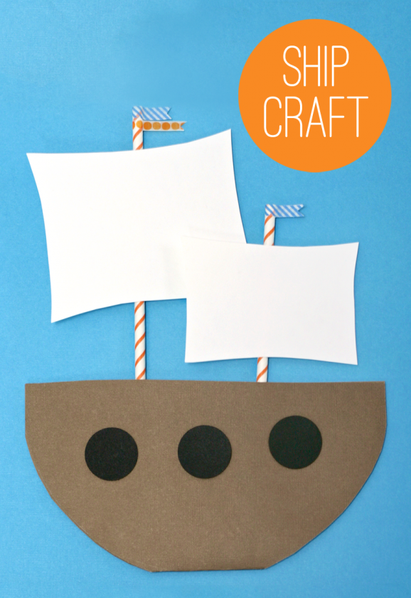 Construction paper shapes glued to a blue piece of paper to make a Mayflower Ship.
