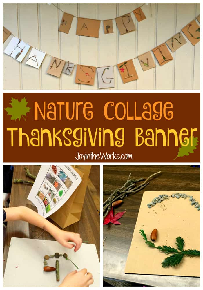 Collage of nature items being glued on to paper in the shape of different letters to make a banner.