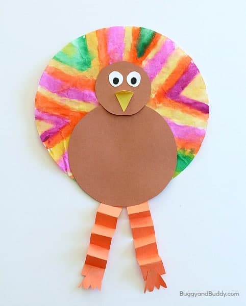 A painted coffee filter for the feathers of a construction paper turkey.