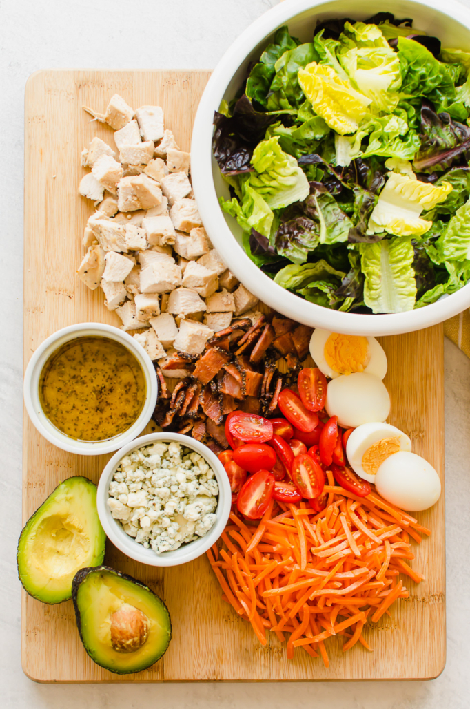 ingredients for Cobb Salad on a cutting board
