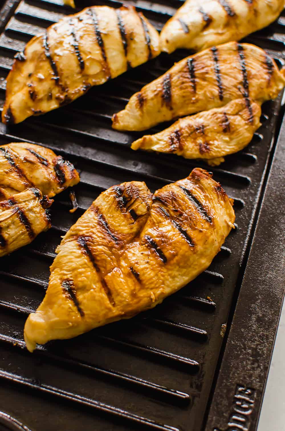 Grilled chicken breasts on a grill pan.