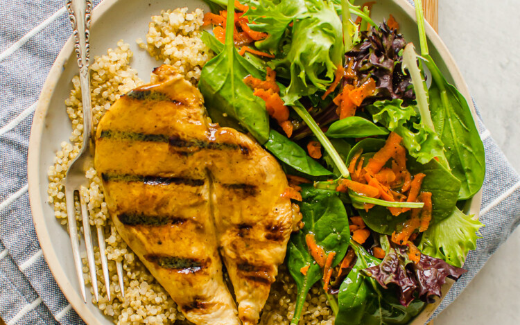 Honey Dijon Grilled Chicken over rice with a side salad