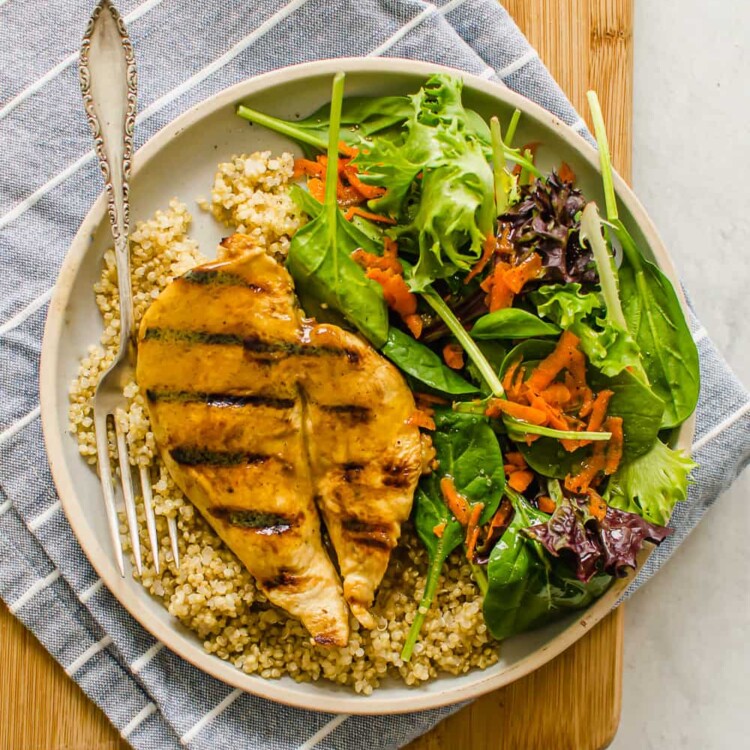 Honey Dijon Grilled Chicken over rice with a side salad