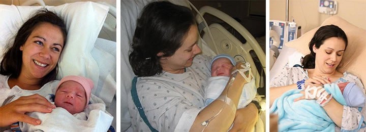 Three pictures of moms holding new babies.