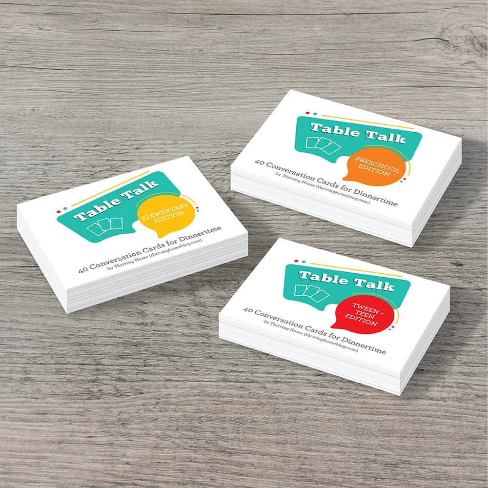 Three stacks of Table Talk Conversation Cards for Dinnertime.