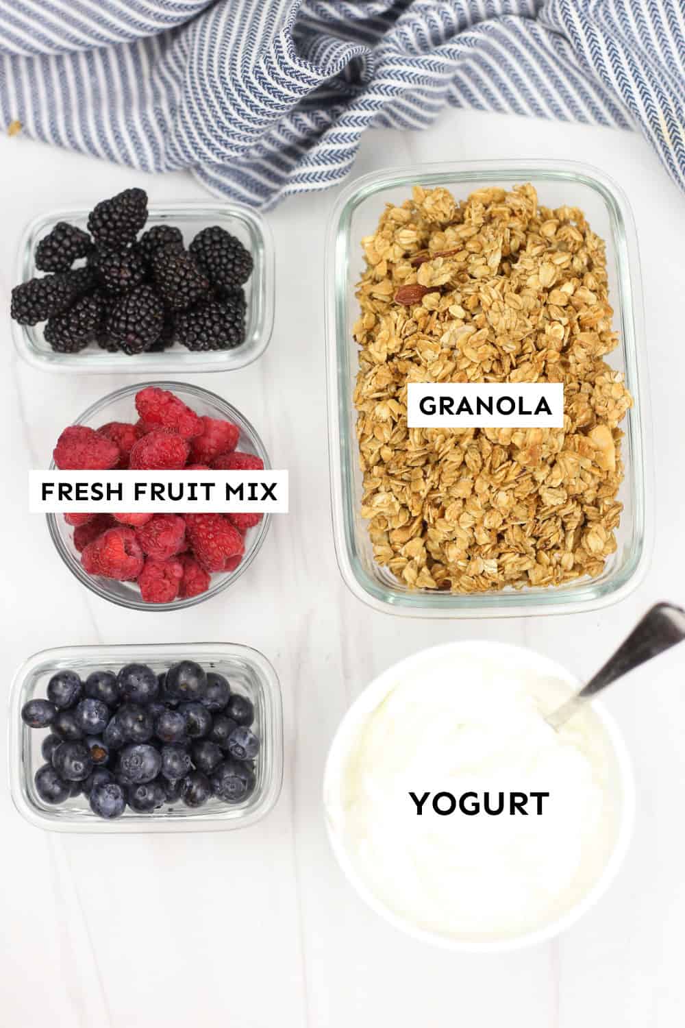 Labeled ingredients for make ahead yogurt parfaits.