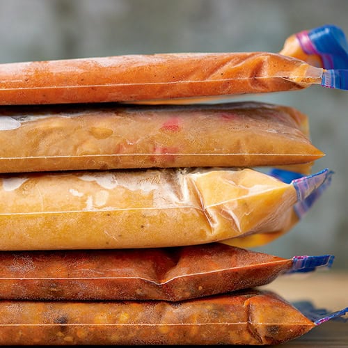 Stack of freezer meals. 