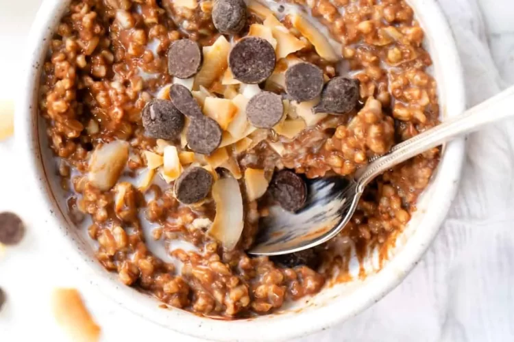 Chocolate coconut steel cut oats in a bowl with chocolate chips on top.