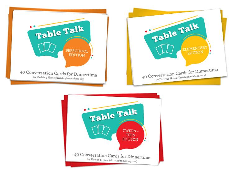 Logos for all three Table Talk Card Editions: Preschool, Elementary, Tween & Teen.