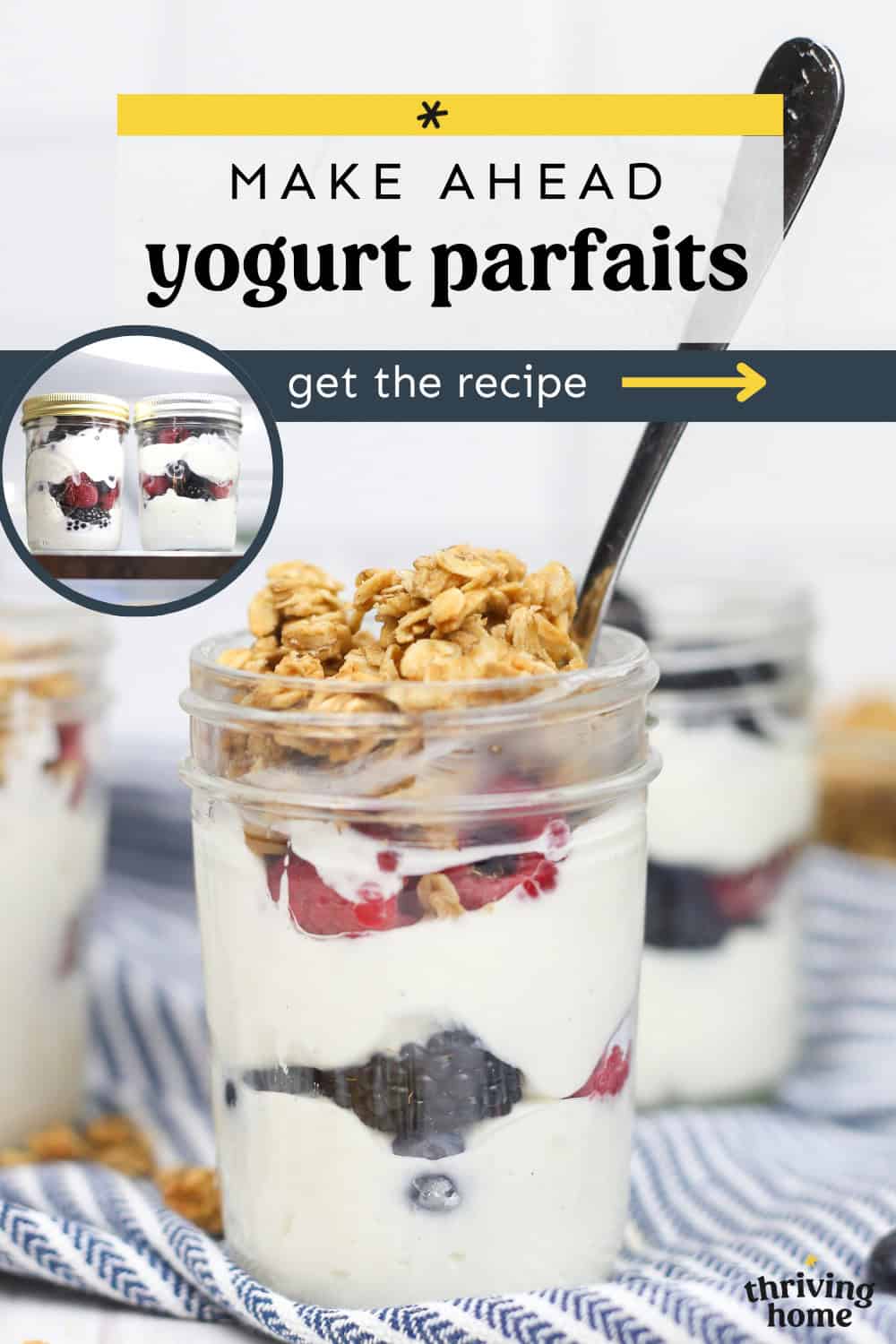 Yogurt parfaits made in small mason jars with different fruits and granola on top.
