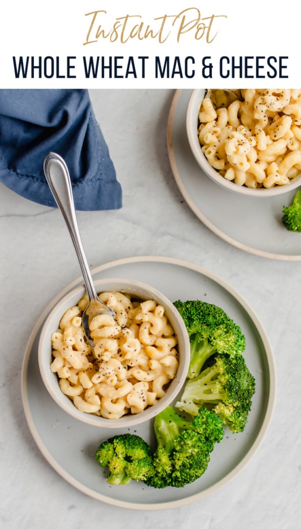instant pot mac and cheese in bowls on white plates with steamed broccoli on the side