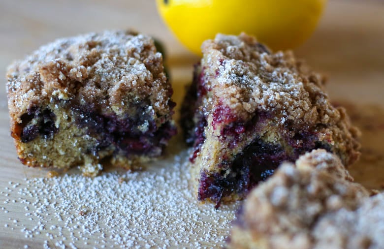 Blueberry Crumble Breakfast Cake sprinkled with powdered sugar