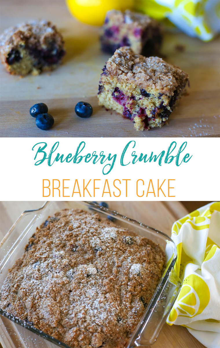Blueberry crumble cake on a wooden cutting board 
