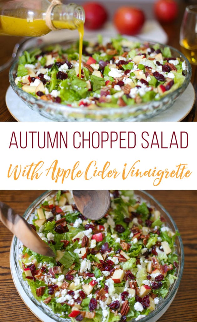 Autumn Salad in a bowl with apple cider vinaigrette being poured over it