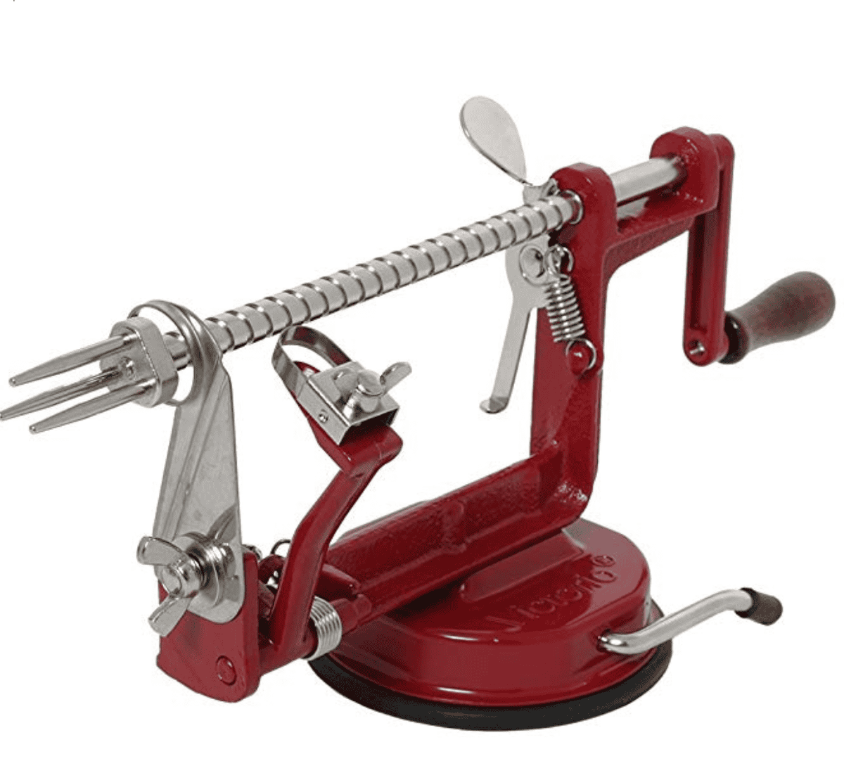 A red apple peeler. 