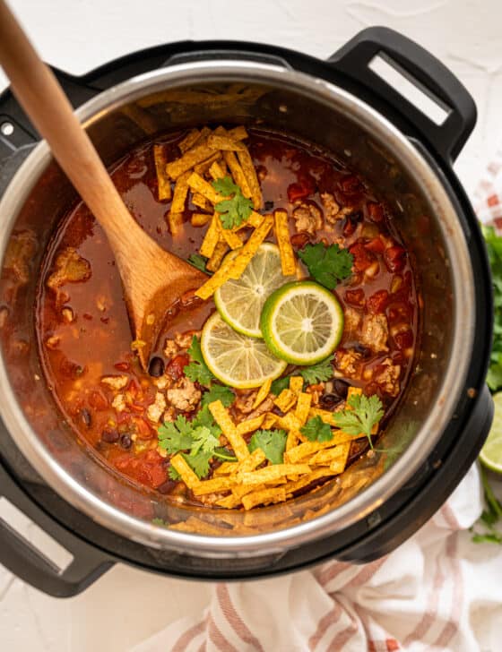 overhead shot of cooked instant pot taco soup