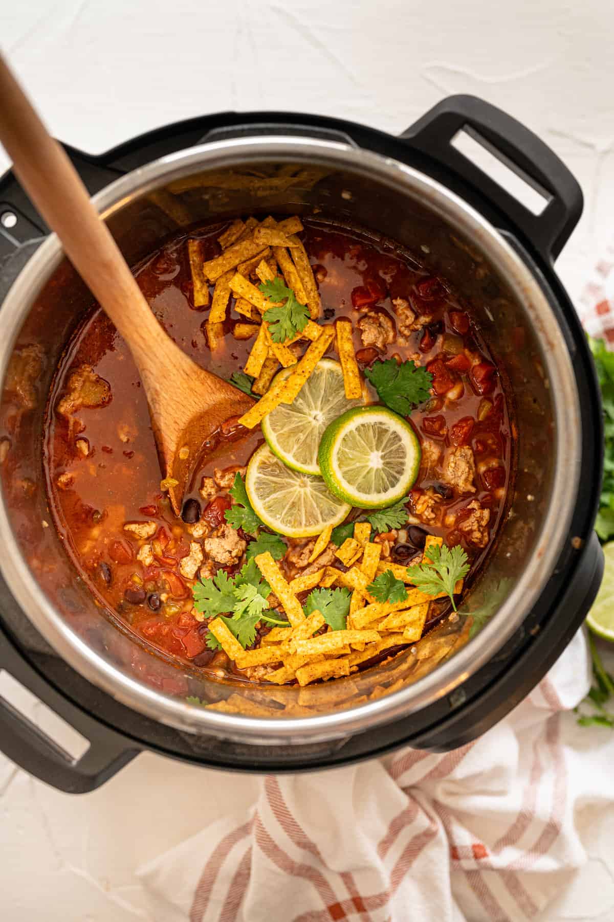 Taco soup ready to serve out of the Instant Pot.