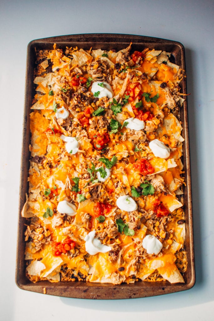 Baked chicken nachos made in the Instant Pot from frozen