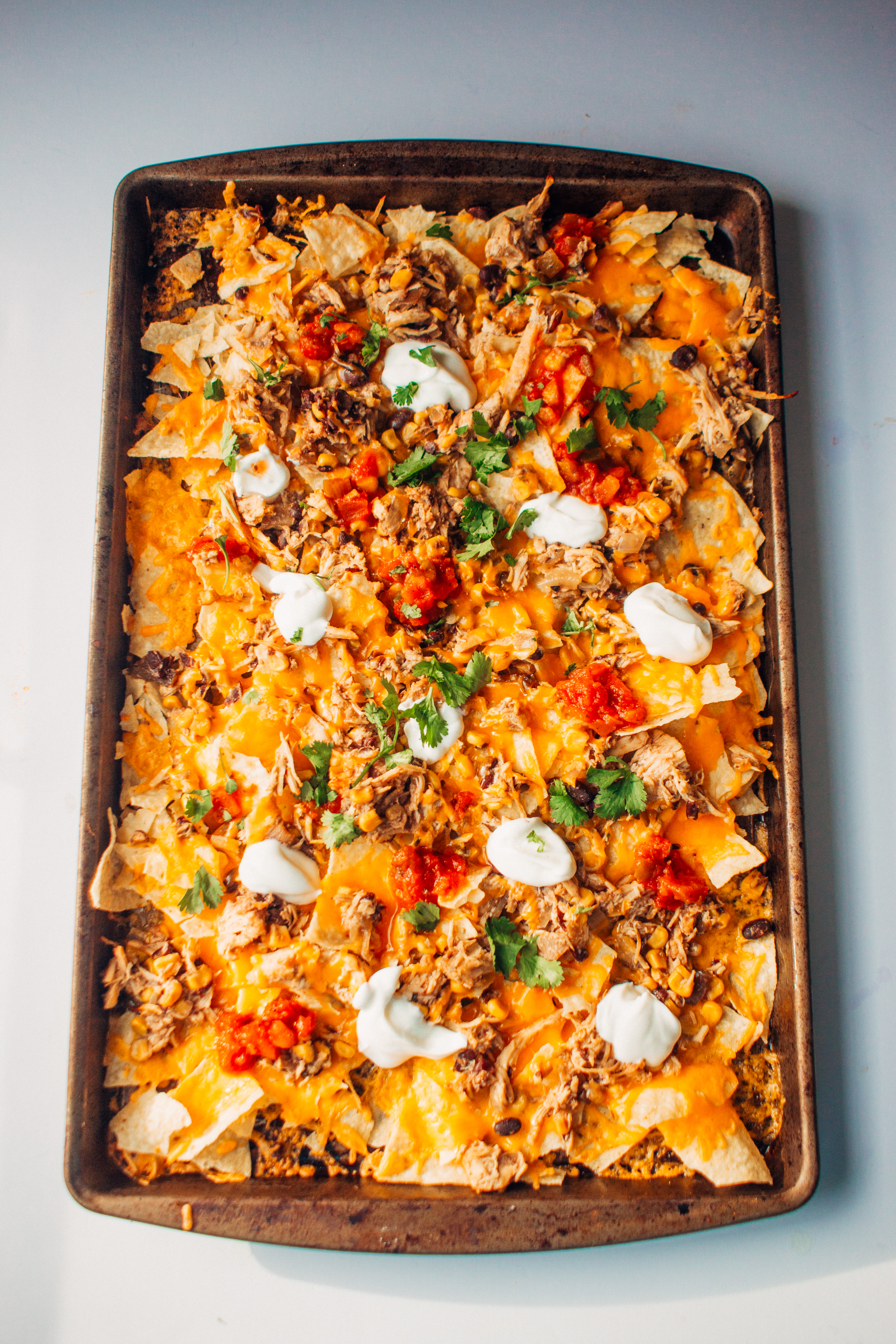 Baked chicken nachos made in the Instant Pot from frozen.