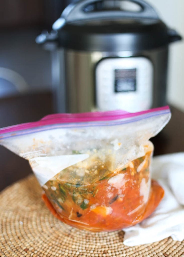 Freezer meal in front of an Instant Pot