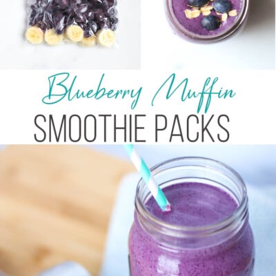 freezer smoothie pack, blueberry smoothie in mason jar with straw