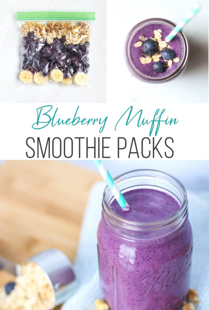 frozen smoothie pack of the blueberry smoothie and a picture of it blended in a mason jar with straw