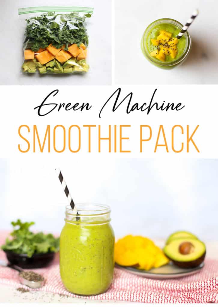 green smoothie with straw and a frozen smoothie pack