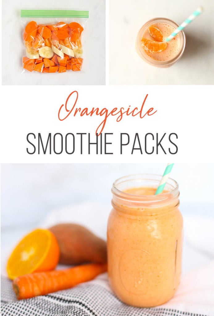 Orangesicle smoothie in a mason jar and a picture of it as a frozen smoothie pack