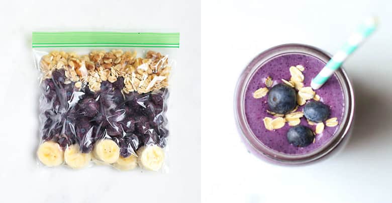 blueberry smoothie in mason jar with straw