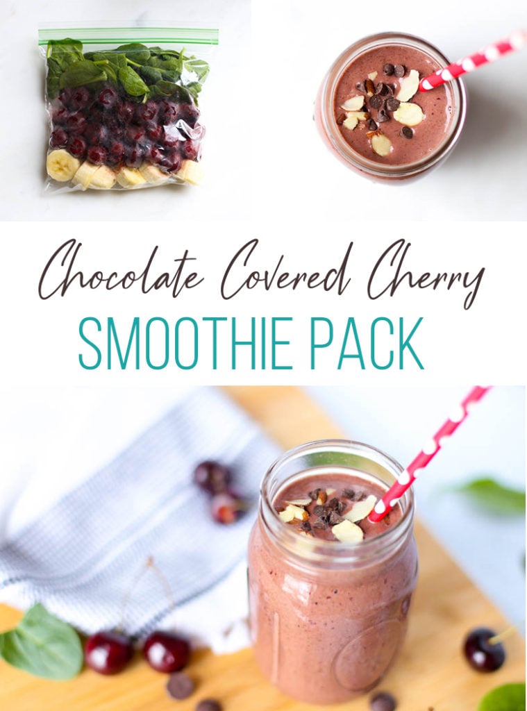 chocolate cherry smoothie in mason jar with straw and a picture of a frozen smoothie pack