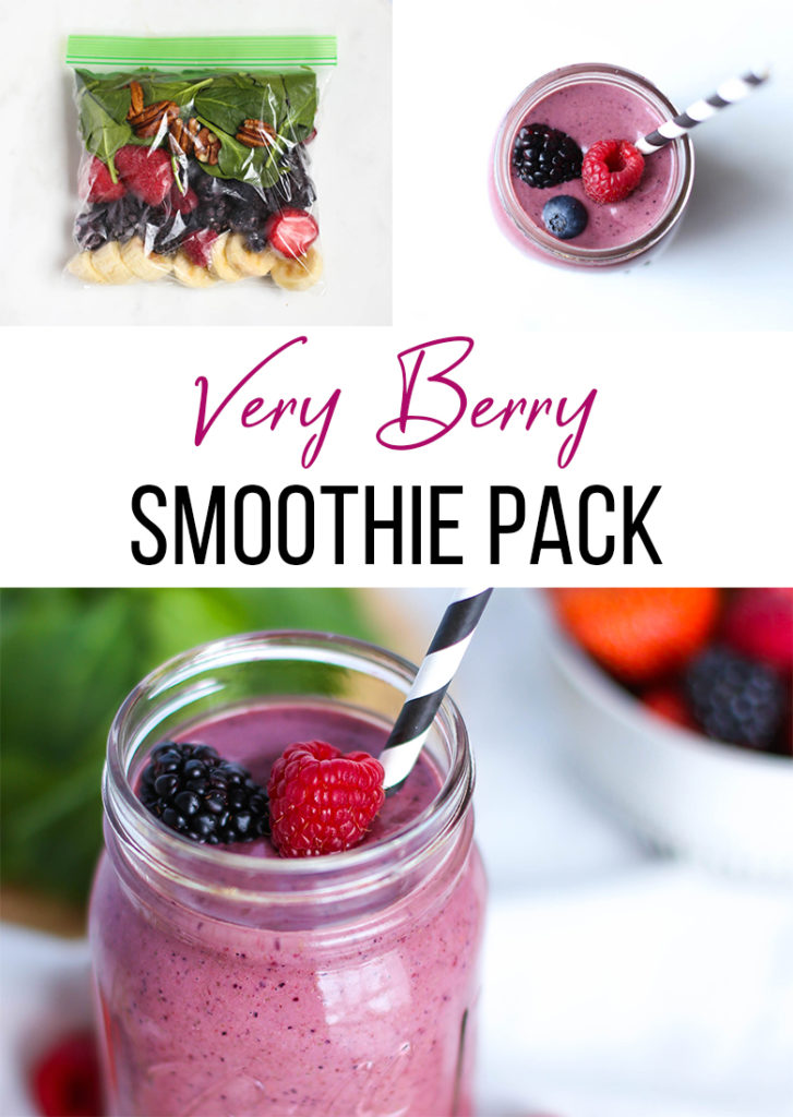 berry smoothie in mason jar with straw, freezer smoothie pack