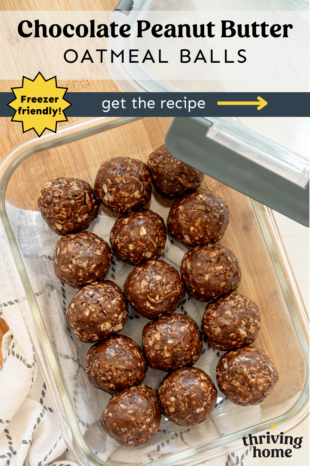 Chocolate peanut butter oatmeal balls in a glass container to be frozen.